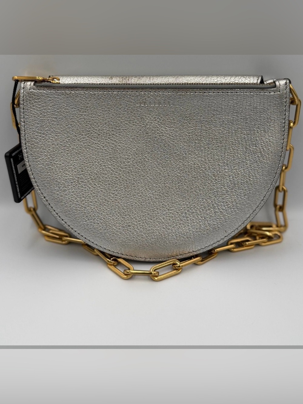 Burberry Metallic Silver Half-Moon Shoulder Bag with Gold Chain-COA included